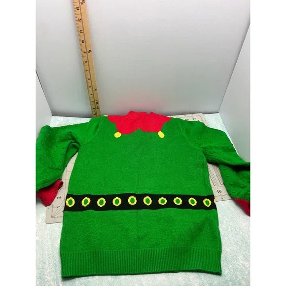 Unbranded Green Elf Christmas Sweater Kids Size 7 Popcorn Sleeve Holiday Knit - Picture 4 of 7